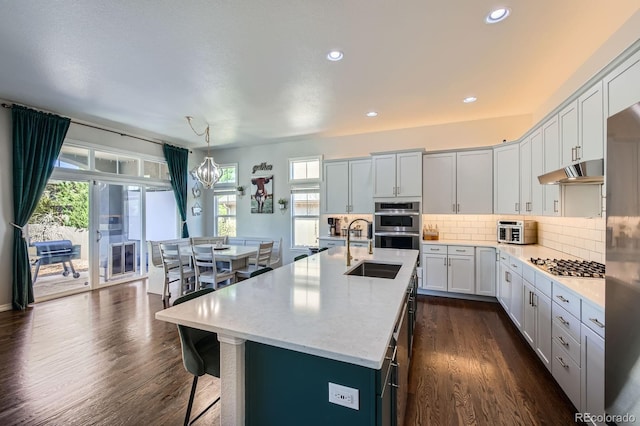 4866 Rainbow Gulch Trl, Colorado Springs, CO 80924 - kitchen with appliances with stainless steel finishes, under cabinet range hood, dark wood-style floors, tasteful backsplash, and recessed lighting