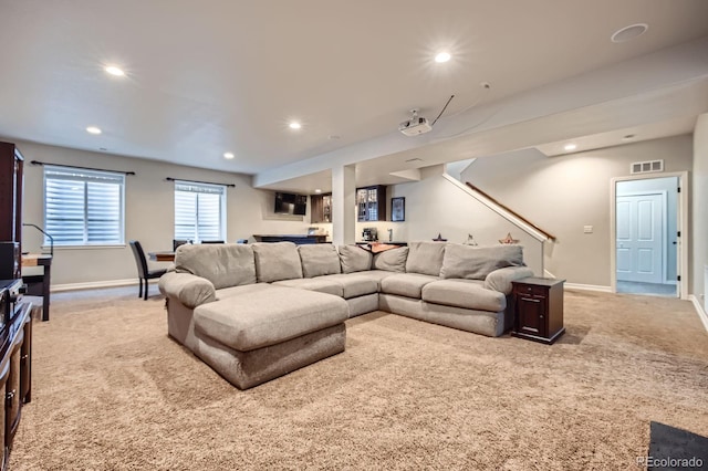 4866 Rainbow Gulch Trl, Colorado Springs, CO 80924 - living room featuring light colored carpet, recessed lighting, and baseboards