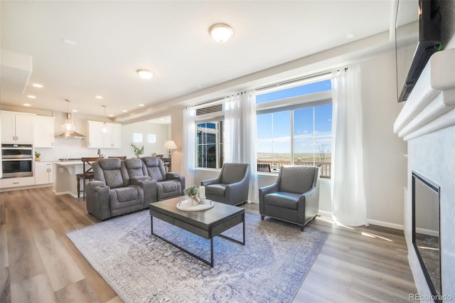 9521 Sideoats Ct, Colorado Springs, CO 80927 - living area featuring wood finished floors, recessed lighting, baseboards, and a fireplace