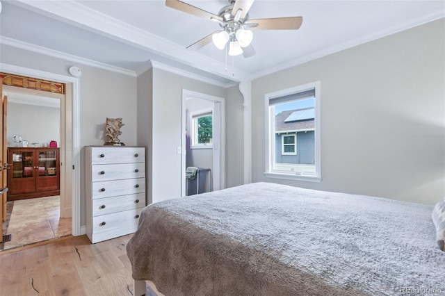 4716 Broadway, Denver, CO 80216 - bedroom featuring crown molding, light wood finished floors, and a ceiling fan