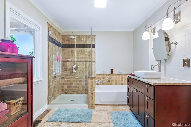 4716 Broadway, Denver, CO 80216 - full bathroom featuring crown molding, vanity, a stall shower, and a garden tub