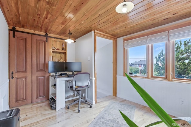 4716 Broadway, Denver, CO 80216 - office area with wooden ceiling, plenty of natural light, and light wood-style flooring