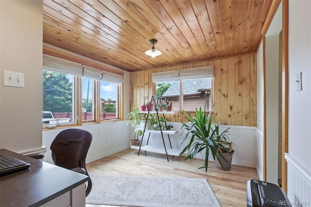4716 Broadway, Denver, CO 80216 - office featuring wood finished floors, wooden walls, wooden ceiling, and radiator