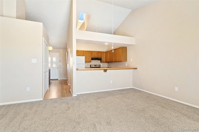 kitchen with baseboards, freestanding refrigerator, light colored carpet, brown cabinets, and under cabinet range hood