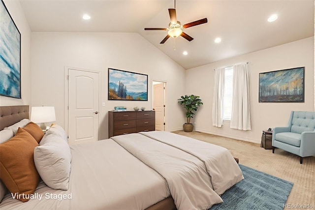 56459 E 23rd Pl, Strasburg, CO 80136 - bedroom featuring light colored carpet, vaulted ceiling, recessed lighting, and a ceiling fan
