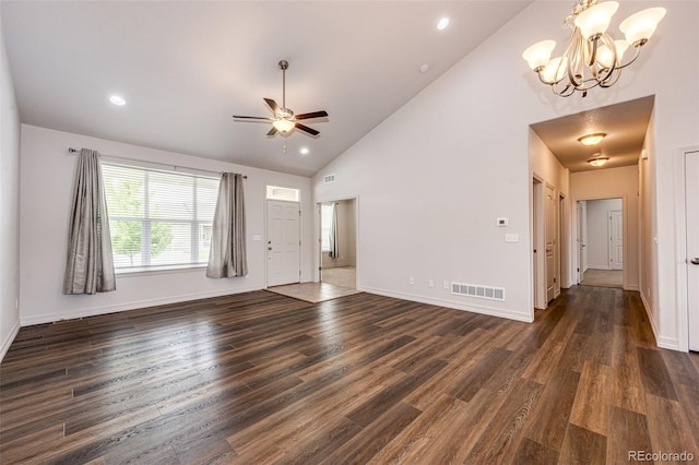 56459 E 23rd Pl, Strasburg, CO 80136 - unfurnished living room with a chandelier, high vaulted ceiling, ceiling fan, dark wood-style floors, and recessed lighting