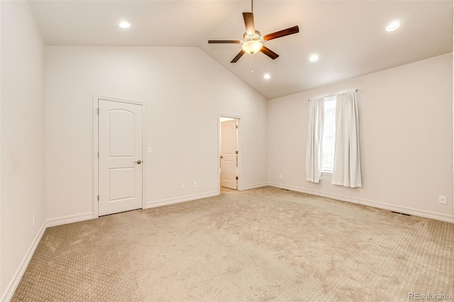 56459 E 23rd Pl, Strasburg, CO 80136 - unfurnished room featuring a ceiling fan, light colored carpet, lofted ceiling, and recessed lighting
