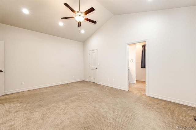 56459 E 23rd Pl, Strasburg, CO 80136 - unfurnished room featuring a ceiling fan, light colored carpet, high vaulted ceiling, and recessed lighting