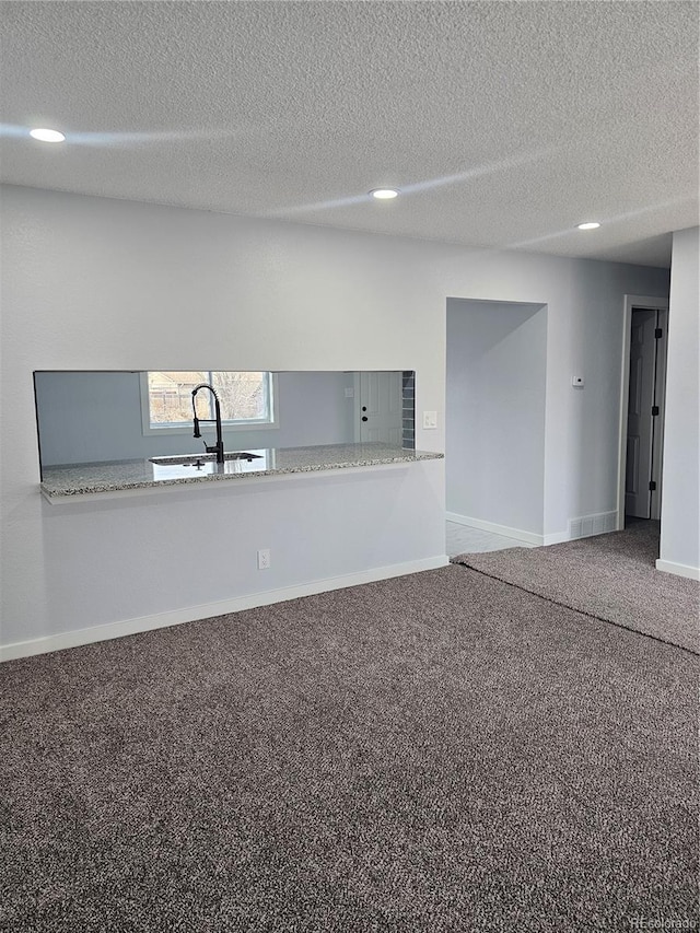 kitchen featuring carpet flooring, a textured ceiling, and sink