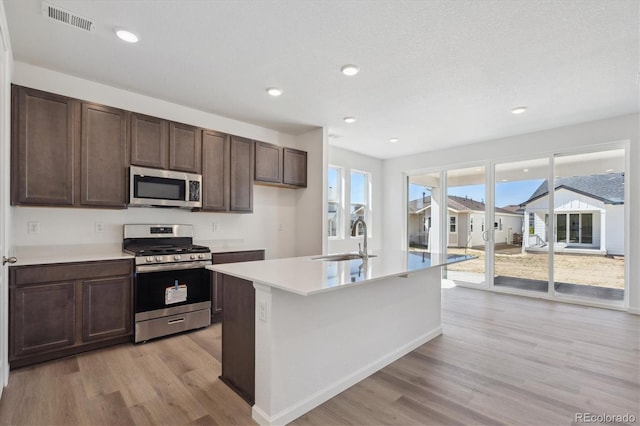 kitchen featuring a sink, visible vents, light wood-style flooring, light countertops, and appliances with stainless steel finishes