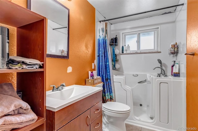 bathroom featuring a bathtub, a shower with curtain, toilet, vanity, and tile patterned flooring