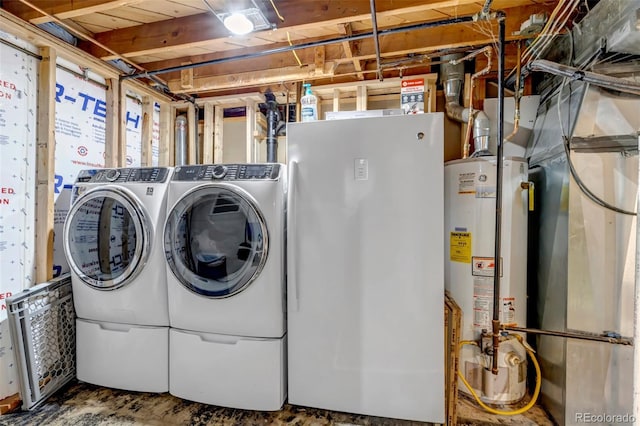 laundry room featuring laundry area, water heater, and independent washer and dryer