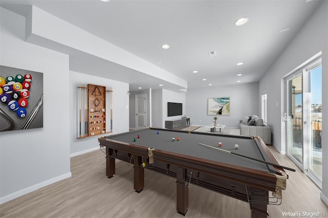 playroom with pool table and light hardwood / wood-style flooring