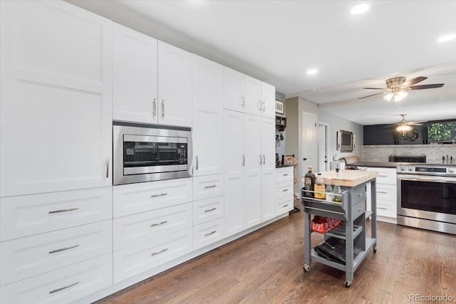 915 Mercury Cir, Littleton, CO 80124 - kitchen with appliances with stainless steel finishes, a ceiling fan, decorative backsplash, dark wood-style flooring, and recessed lighting