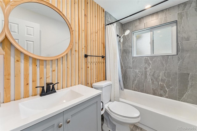 9265 Newton St, Westminster, CO 80031 - full bath with vanity, shower / bath combination with curtain, and wood walls