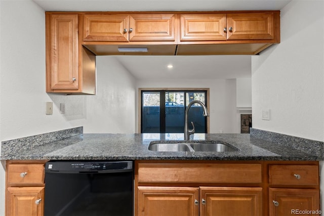 kitchen featuring sink, dark stone countertops, and black dishwasher