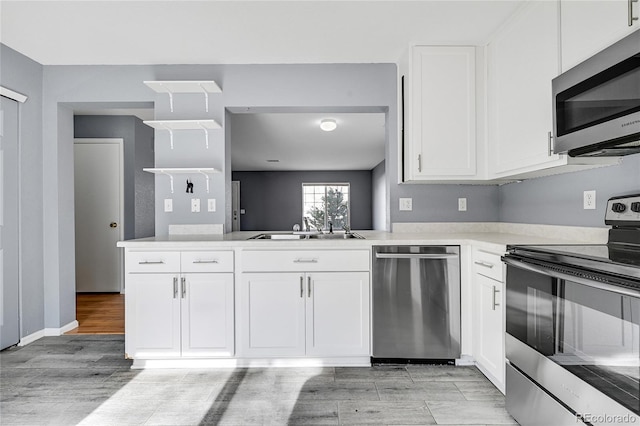 kitchen with sink, white cabinets, light hardwood / wood-style floors, kitchen peninsula, and stainless steel appliances