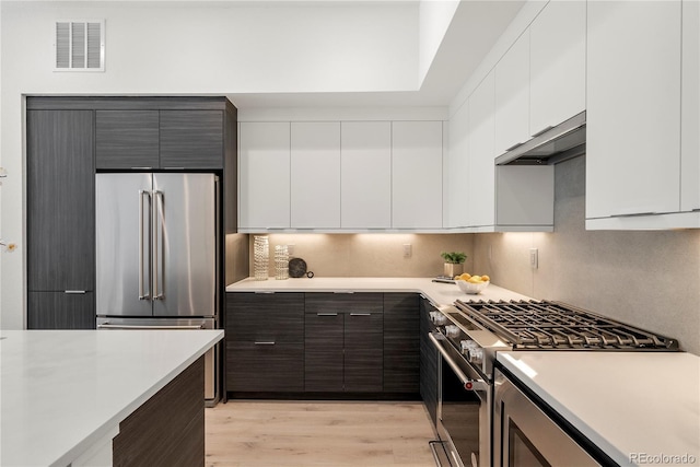 kitchen featuring visible vents, high end appliances, modern cabinets, light countertops, and under cabinet range hood