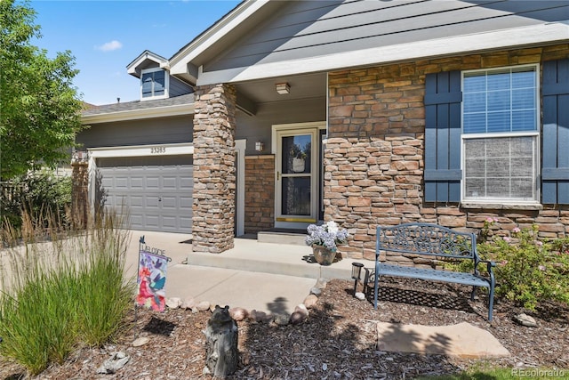 23285 Chapel Hill Ln, Parker, CO 80138 - entrance to property with stone siding, a garage, and driveway