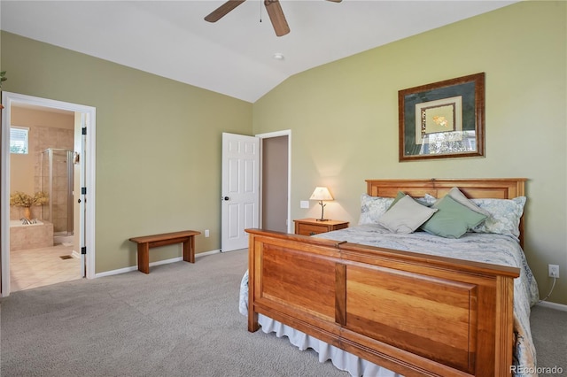 23285 Chapel Hill Ln, Parker, CO 80138 - bedroom featuring light colored carpet, lofted ceiling, connected bathroom, and a ceiling fan