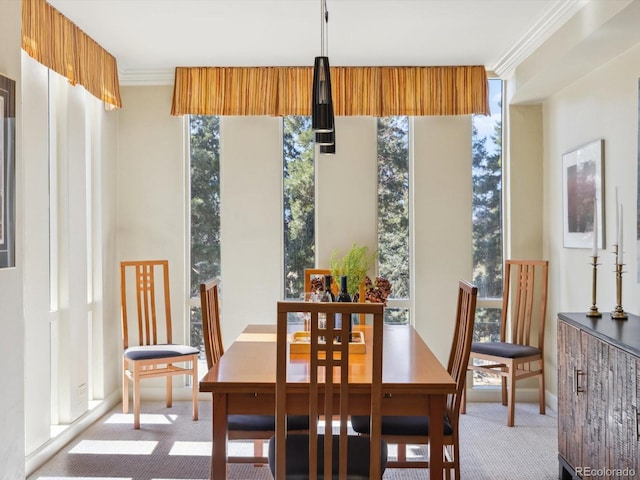 carpeted dining room with ornamental molding