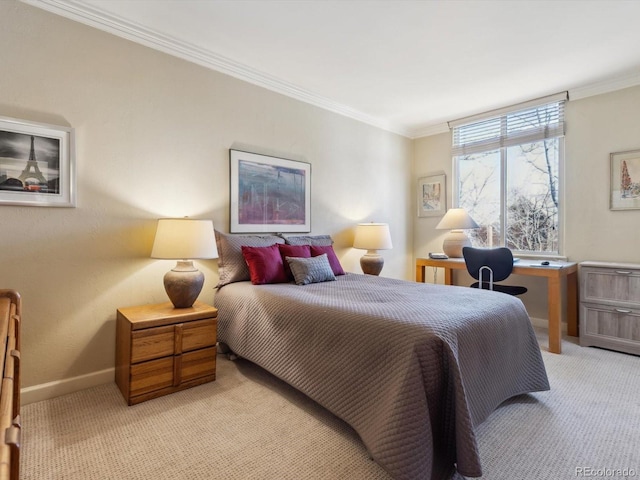 bedroom with light carpet, baseboards, and ornamental molding