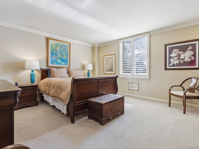 bedroom featuring light colored carpet, baseboards, and ornamental molding