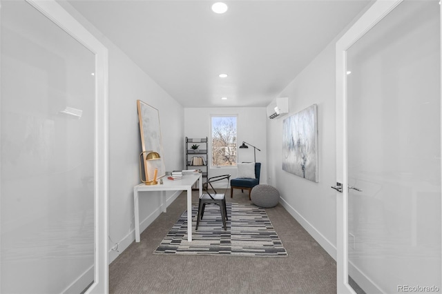 office featuring carpet flooring and a wall mounted air conditioner