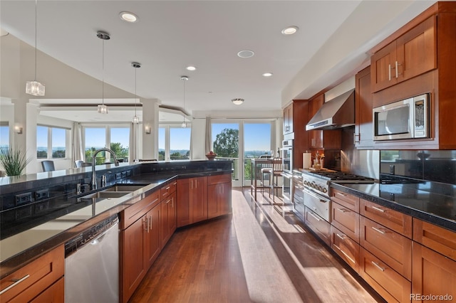 kitchen with sink, hanging light fixtures, wall chimney exhaust hood, appliances with stainless steel finishes, and dark hardwood / wood-style flooring