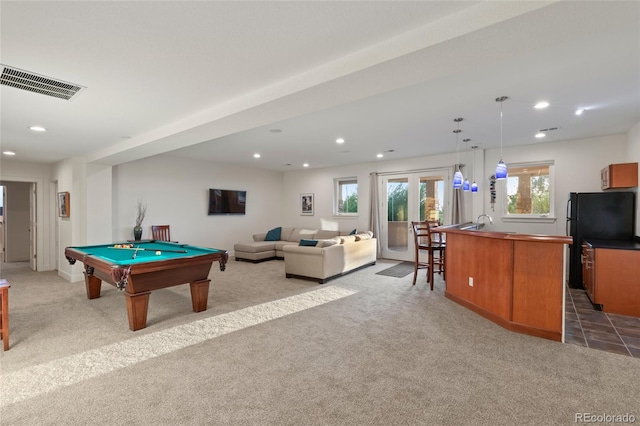 rec room with carpet flooring, french doors, sink, and billiards