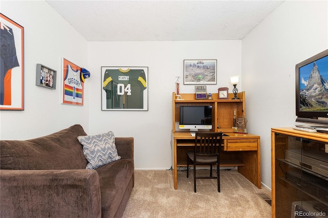 carpeted office featuring a textured ceiling