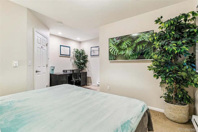 bedroom with baseboards, light carpet, a baseboard radiator, and recessed lighting