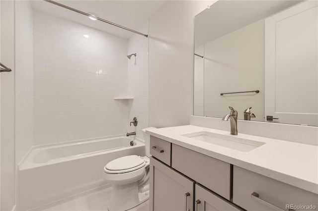 full bathroom with vanity, toilet, shower / bathtub combination, and tile patterned flooring