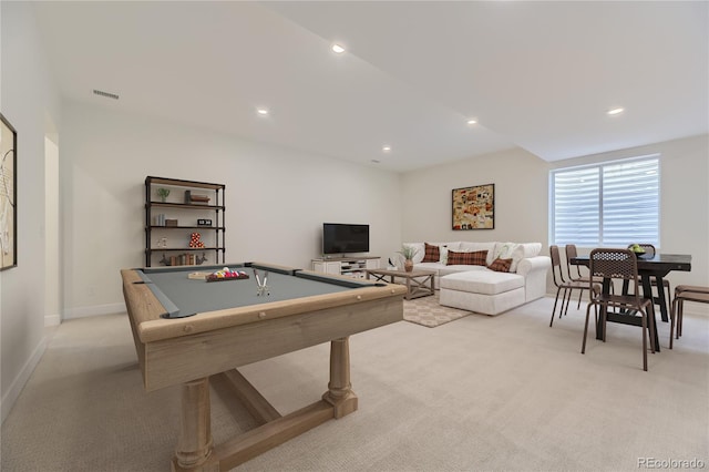 playroom with light colored carpet and billiards