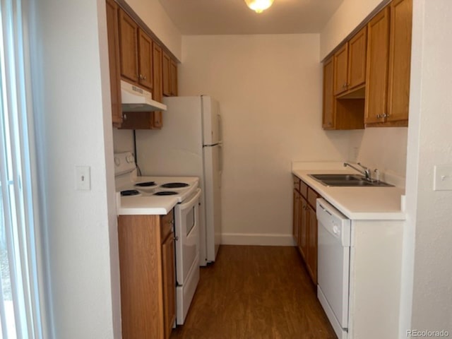 kitchen with sink, dark wood-type flooring, and white appliances