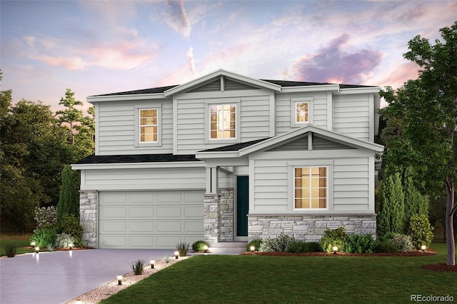 14147 Bunny Hop Ln, Parker, CO 80134 - view of front of house featuring stone siding, a garage, concrete driveway, a front yard, and roof with shingles