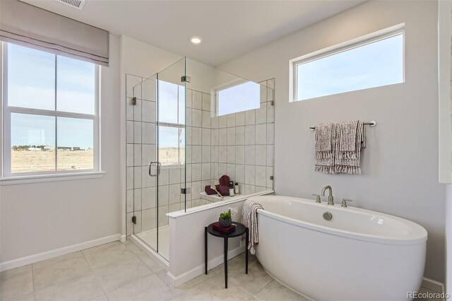 14147 Bunny Hop Ln, Parker, CO 80134 - bathroom with a shower stall, a soaking tub, tile patterned flooring, and baseboards