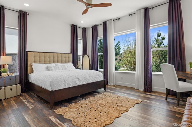 bedroom with recessed lighting, baseboards, ceiling fan, and hardwood / wood-style flooring