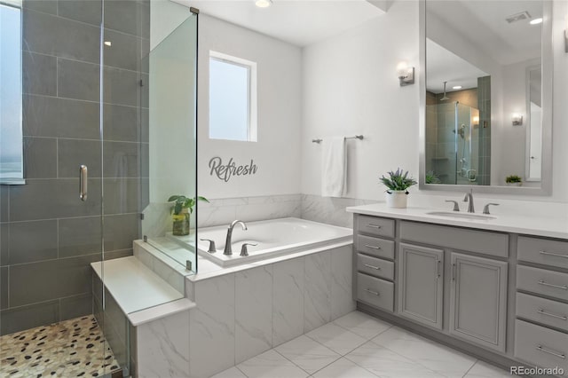 full bath with a garden tub, visible vents, a shower stall, vanity, and recessed lighting
