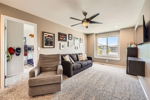 10694 Cedarcrest Cir, Highlands Ranch, CO 80130 - carpeted living room with ceiling fan, baseboards, and recessed lighting