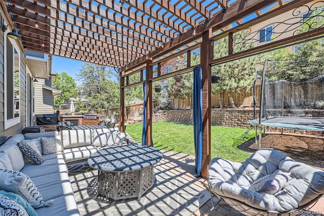 10694 Cedarcrest Cir, Highlands Ranch, CO 80130 - view of patio / terrace with a trampoline, outdoor lounge area, and a pergola