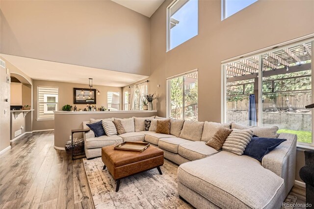 10694 Cedarcrest Cir, Highlands Ranch, CO 80130 - living area with hardwood / wood-style flooring, healthy amount of natural light, baseboards, and a towering ceiling