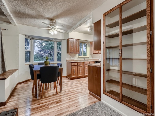 7112 S Platte Canyon Dr, Littleton, CO 80128 - dining space with a textured ceiling, light wood-style floors, ceiling fan, and baseboards