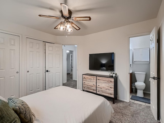 7112 S Platte Canyon Dr, Littleton, CO 80128 - bedroom featuring carpet, ensuite bath, multiple closets, a ceiling fan, and baseboards