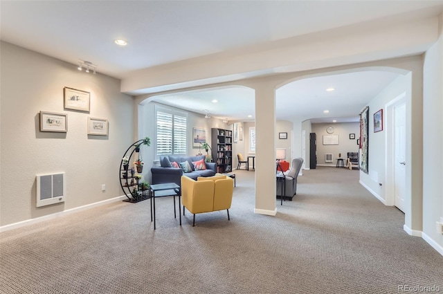 living room with light colored carpet