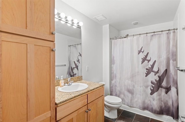 bathroom featuring visible vents, a shower with curtain, toilet, tile patterned flooring, and vanity