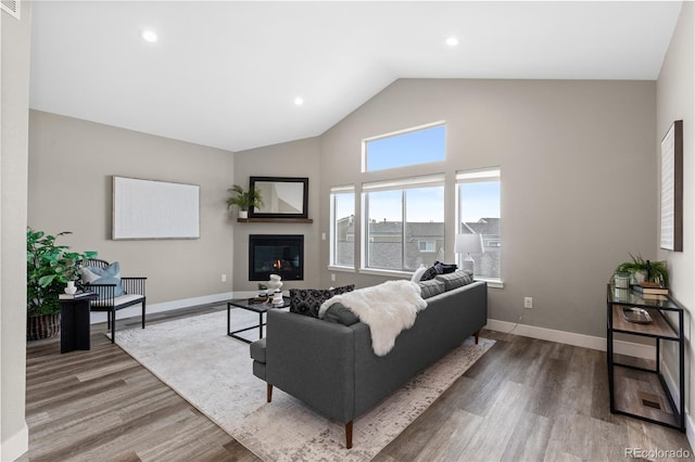 living room with high vaulted ceiling and hardwood / wood-style floors