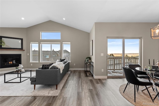 living room featuring wood-type flooring and high vaulted ceiling