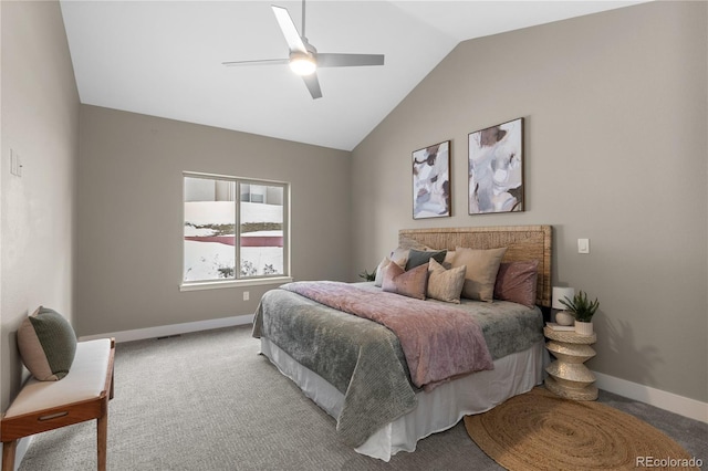 bedroom featuring lofted ceiling, carpet floors, and ceiling fan