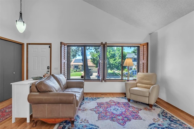 3688 S Cathay Cir, Aurora, CO 80013 - living room with healthy amount of natural light, high vaulted ceiling, wood finished floors, and a textured ceiling
